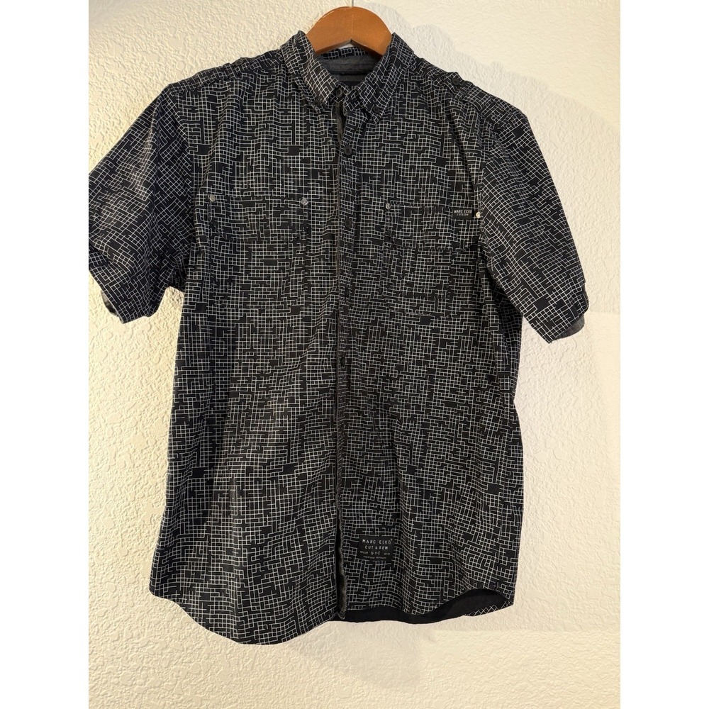 Marc Ecko Cut & Sew Men's M Black Geometric Grid Labyrinth Shirt Short Sleeve